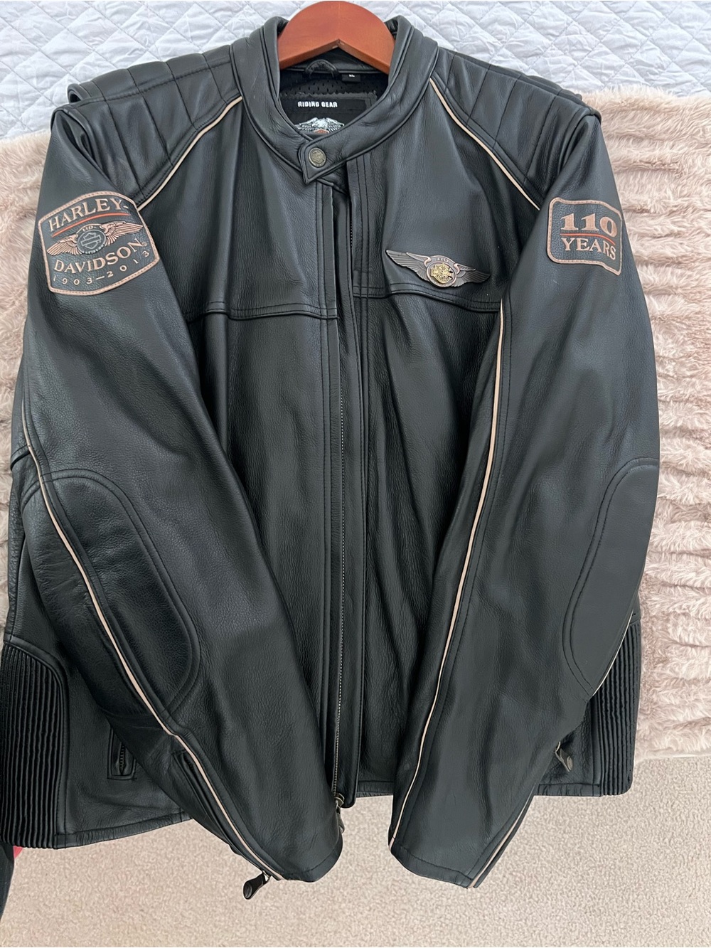 Harley-Davidson Black Leather Bomber Jacket with 110 Years Patches